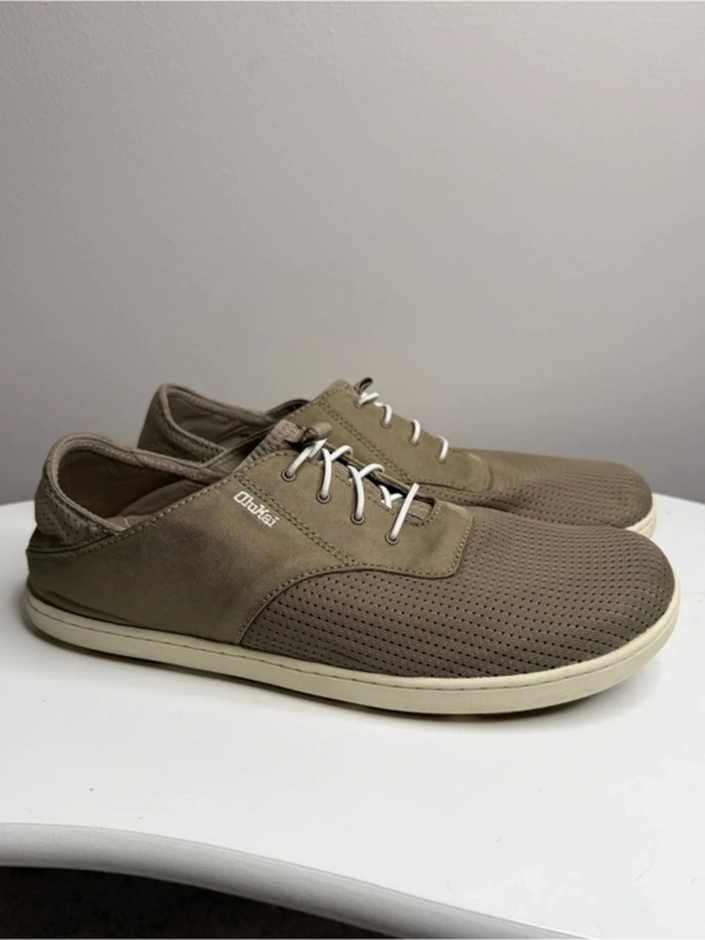 OluKai Men's Olive Taupe Slip-On Loafers with Cream Sole